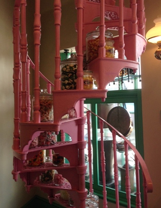Pink staircase inside a candy shop